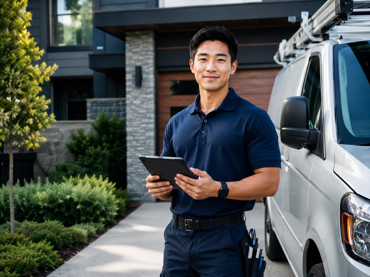 Home service technician with a tablet beside a work van outside a customer's home